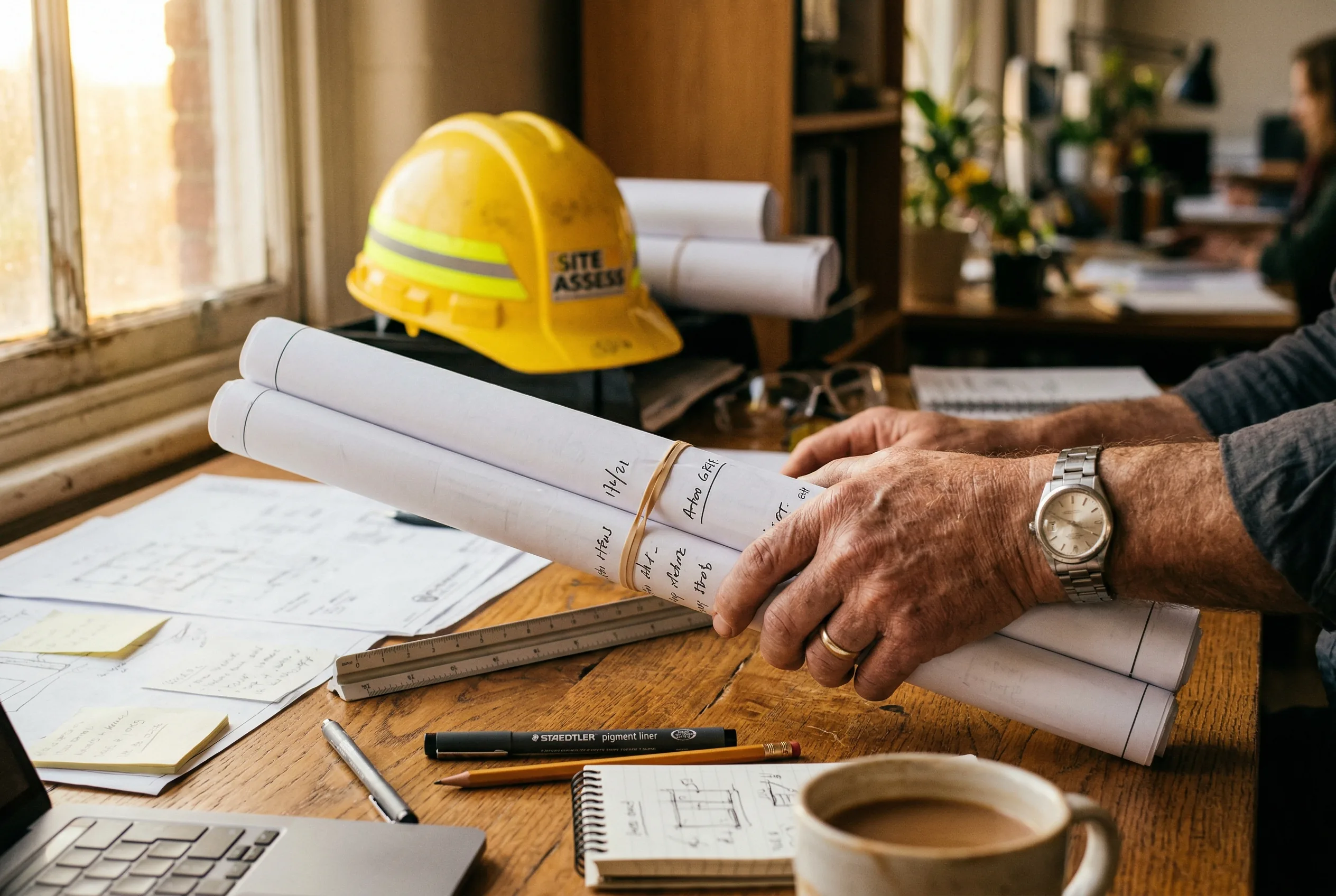 An architect reviewing rolled blueprints with a yellow hardhat in the background