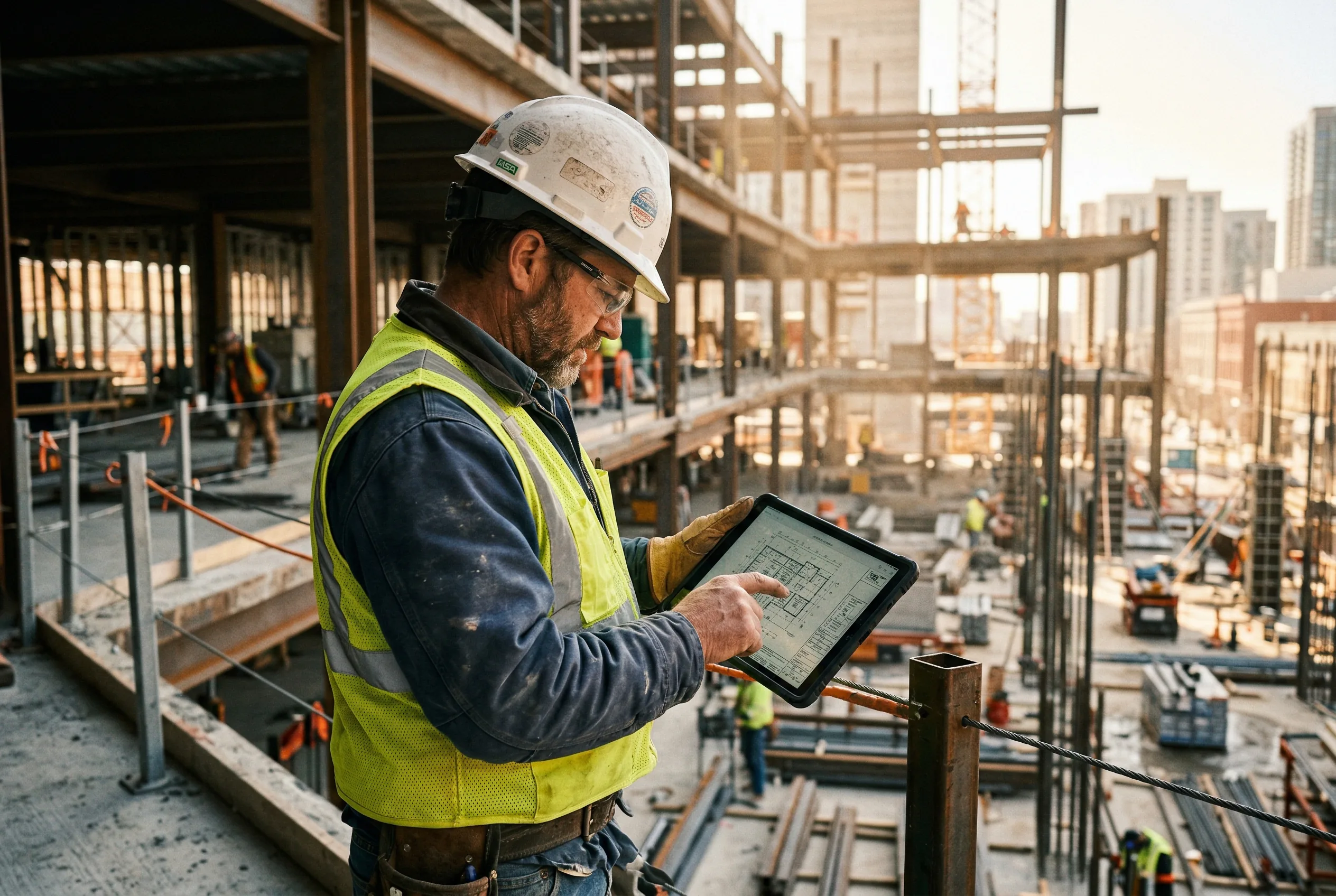 A construction worker reviewing plans on a tablet at a build site